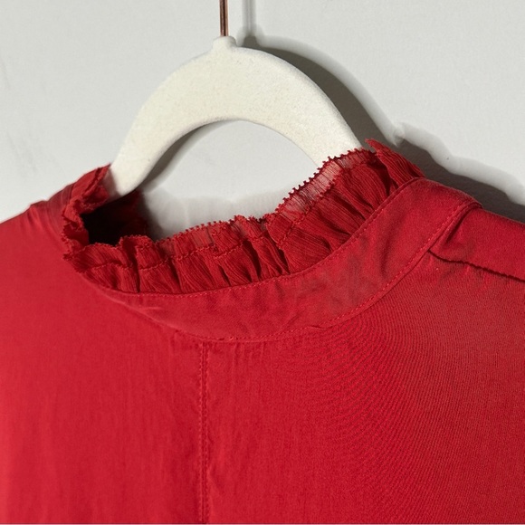 Chicos Size 2 Large Sandwashed Satin Ruffle Blouse Orange Red Lace Up Blouse Top - Picture 10 of 13